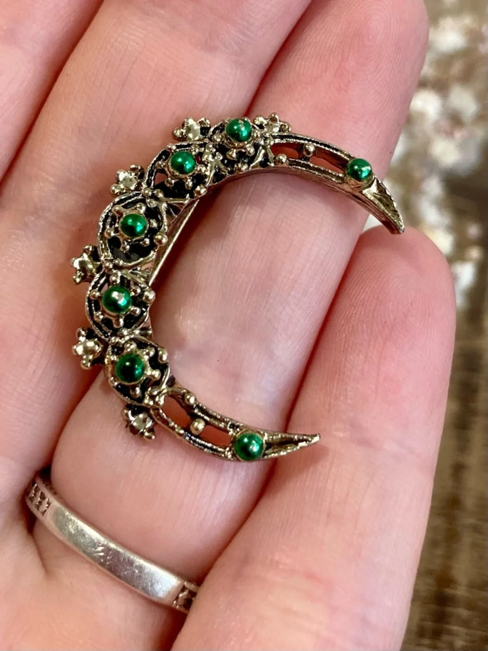 Gold Tone and Green Enamel Crescent Brooch